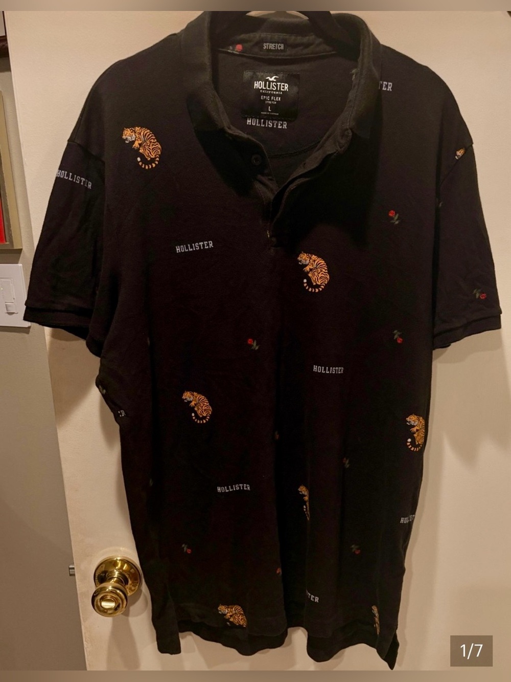 Hollister Epic Flex Stretch Polo Shirt - Men's Large - Tiger Print-Black